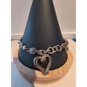 Brighton Silver Gold Heart Charm Bracelet Crystal Scrollwork Two Tone 8 Inch